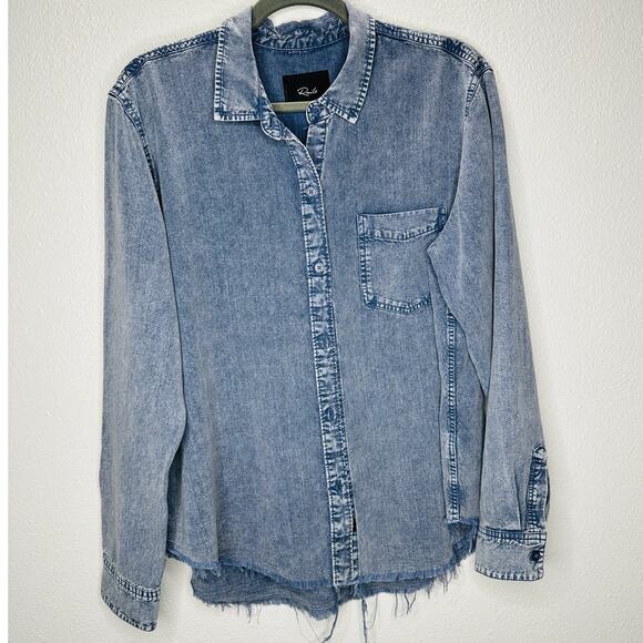 Rails Blue Acid Wash Ingrid Denim Button Collared Raw Hem Long Sleeve Shirt L - Picture 2 of 13